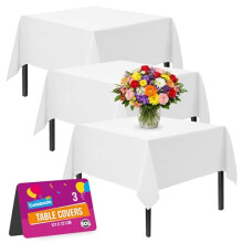 SOL 3pk White Table Cloth Party 121x121cm Plastic Cover Tablecloth Disposable for Parties - Heavy Duty Spill Protection - Opaque Design for Weddings