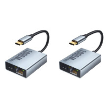 2X USB-C Ethernet Adapter 2-in-1 1000Mbps RJ45 Network Converter for Chromecast with TV Plug and Grey