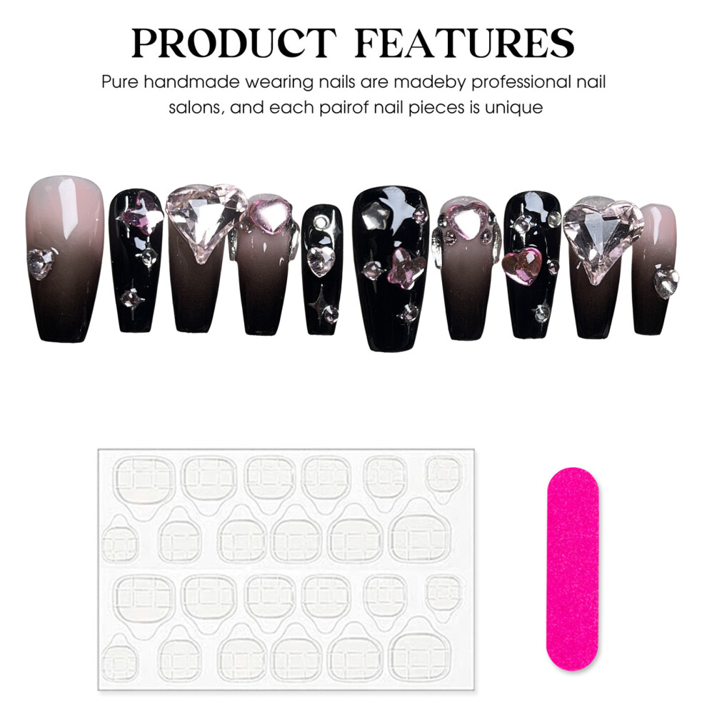 Penghui-Toys (Xs) Short Square French False Nails Glossy Texture Rhinestone Press On Nails For Stage Performance Wear