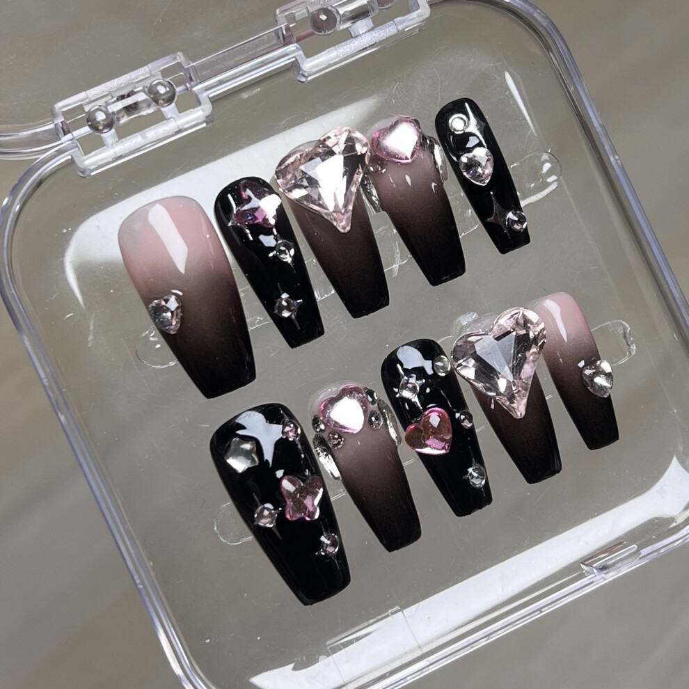 Penghui-Toys (S) Short Square French False Nails Glossy Texture Rhinestone Press On Nails For Stage Performance Wear