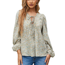 Bluse aus weichem, geknittertem Chiffon, elegant-lässig, Tunika-Top mit V-Ausschnitt, doppelten Schleifen, langen Laternenärmeln, Faltenband und