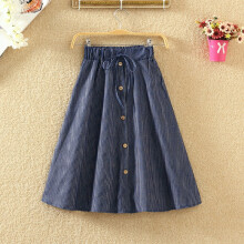 Falda midi de corte A, tejido vaquero ligero con bolsillos laterales, cintura elástica, cintura alta elástica, vestido vaquero acampanado, estilo