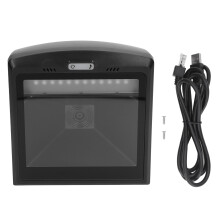 Leitor de código de barras omnidirecional com suporte para operação mãos-livres, sensor automático e conectividade USB para gerenciamento de