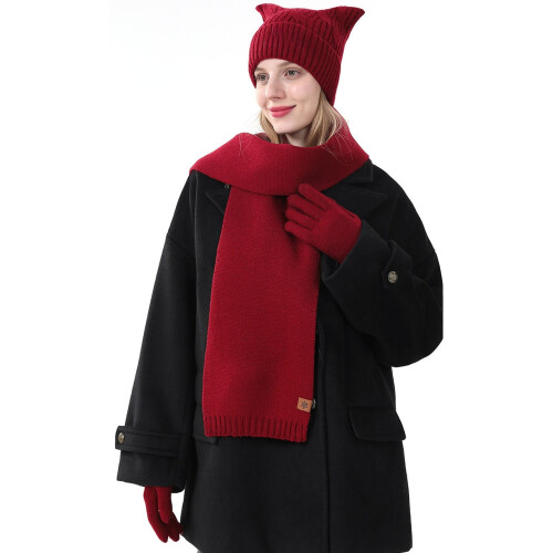 Set da donna composto da cappello, sciarpa e guanti in maglia 1