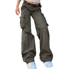 Baggy Cargobyxor med flera fickor för kvinnor, hög midja, stretchig lös passform, raka, vida ben, Y2K-byxor, taktiska byxor, andningsbara,