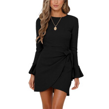 Fashionable Long Sleeve Ruffle Hem Cocktail Party Dress, Bodycon Stretchy Lightweight Ribbed Dress for Fall Winter