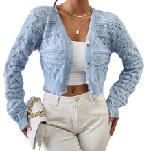 Cardigan Bolero da donna leggero lavorato a maglia all'uncinetto, aperto sul davanti, scollo a V, chiusura con bottoni, maniche a 3/4, elegante