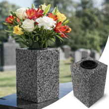 (Grey) Granite Grave Vase for Flowers 25cm Tall - Square Cemetery Memorial Vases for Graves - Versatile Use for Graveside, Garden & Home