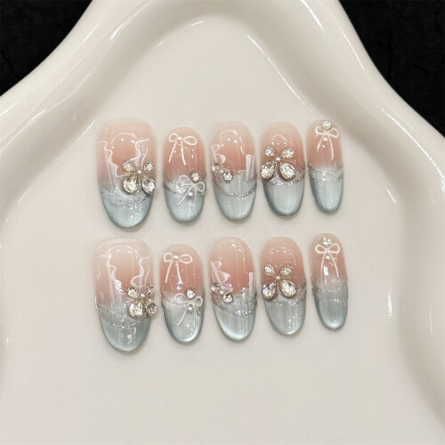 (XS) 10 Ongles Faux Rose Chat Bleu