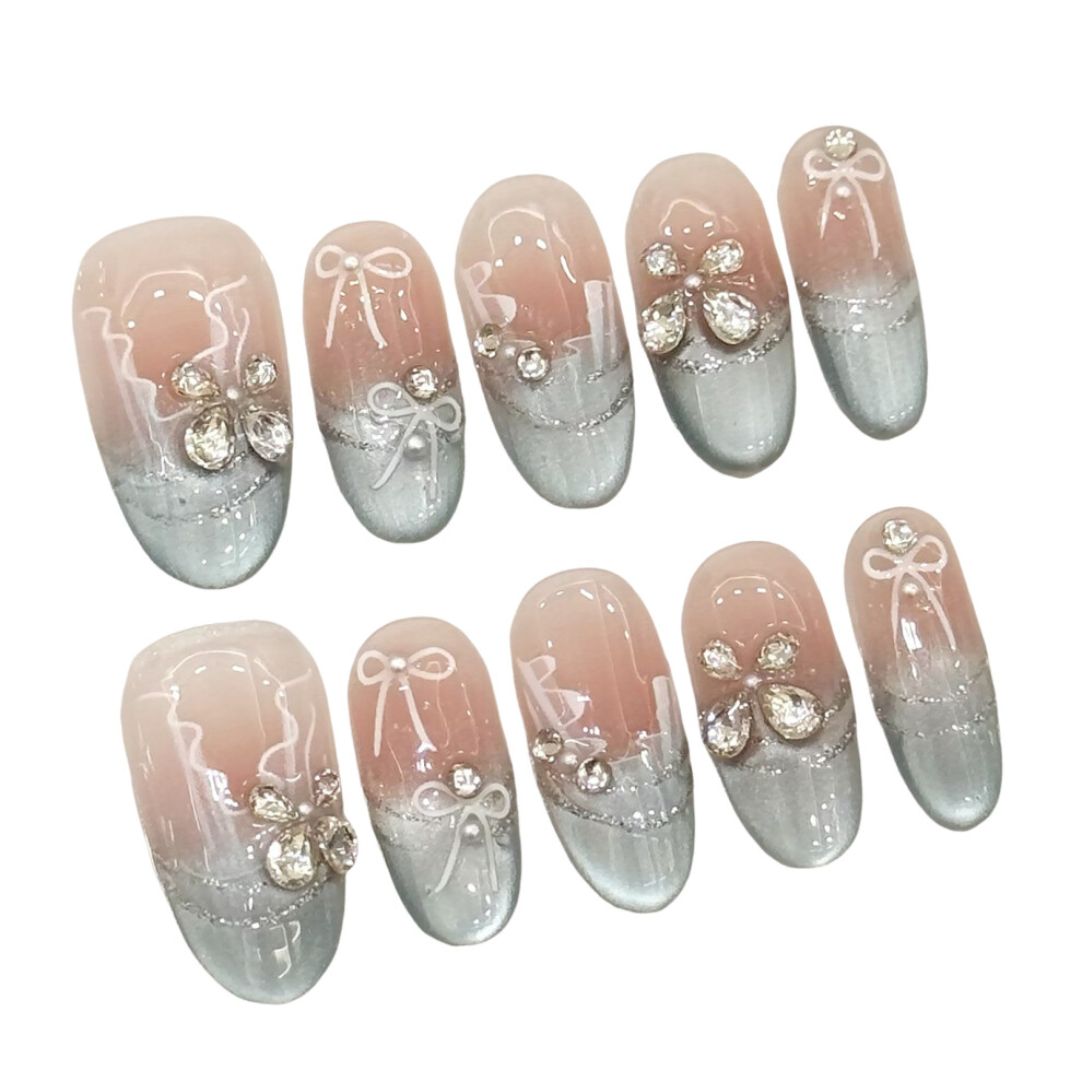 Penghui-Toys Blue,Pink (M) 10Pcs Pink Press On Nails With Blue Cat Eyes Tip Charming Comfortable To Wear Manicure Nails For Fingernail Diy Decorati