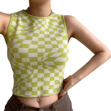 Stretchy Knitted Fabric Sweater Vest, Fitted V Neck Vintage Plaid Crop Tank Top For Women In Preppy Style, Junior Streetwear Sleeveless Vest With