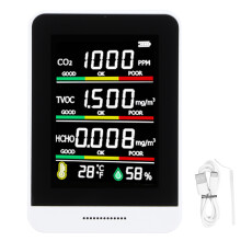 TVOC-detector, oplaadbare luchtkwaliteitsmonitor voor binnen met CO2-, formaldehyde-, vochtigheids- en temperatuursensoren, 5-in-1 draagbare