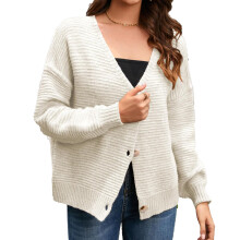 Damen-Cardigans aus grob gestricktem Material mit Knopfleiste, langärmeliger, offener Oversize-Strickpullover mit V-Ausschnitt aus weichem und