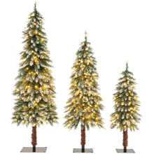GYMAX Pre-Lit Pencil Christmas Tree Set of 3, Artificial Slim Snowy Xmas Tree with 50/100/150 Warm White LED Lights & 129/231/369 PVC Branch Tips,