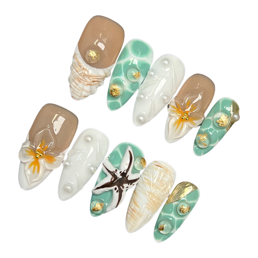 Penghui-Toys (Xs) 10Pcs White False Nails With Starfish Decor Long Lasting Safe Material Waterproof False Nails For Girlfriend Wife Women