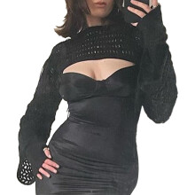 Top corto de punto de ganchillo calado estilo Y2K para mujer, manga larga, suéter calado, cuello barco ancho, bolero elástico y ligero para fiestas