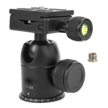 Robuster Kugelkopf aus Aluminiumlegierung mit Panoramadrehung und doppelter Libelle. Kompatibel mit 1/4-Zoll-auf-3/8-Zoll-Schraubadaptern. Einfache
