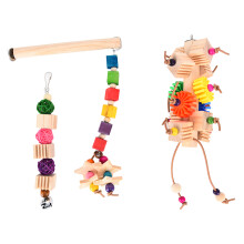 Colorful Wood Bird Perch Toy For Small And Medium Birds, Includes Chew Rope And Ringing Bell, Easy Install Cage Accessory (Various Vibrant Colors)