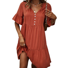 Rochii de vară casual 2025 Rochie de damă cu mânecă scurtă, decolteu în V, croială lejeră, talie Empire, cu design în straturi, elegantă