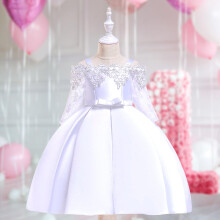 (White, 140) Fashion Flower Girls Dress Party Formal Long Gown Princess Bow Dresses for Formal Pegeant Dance Gown