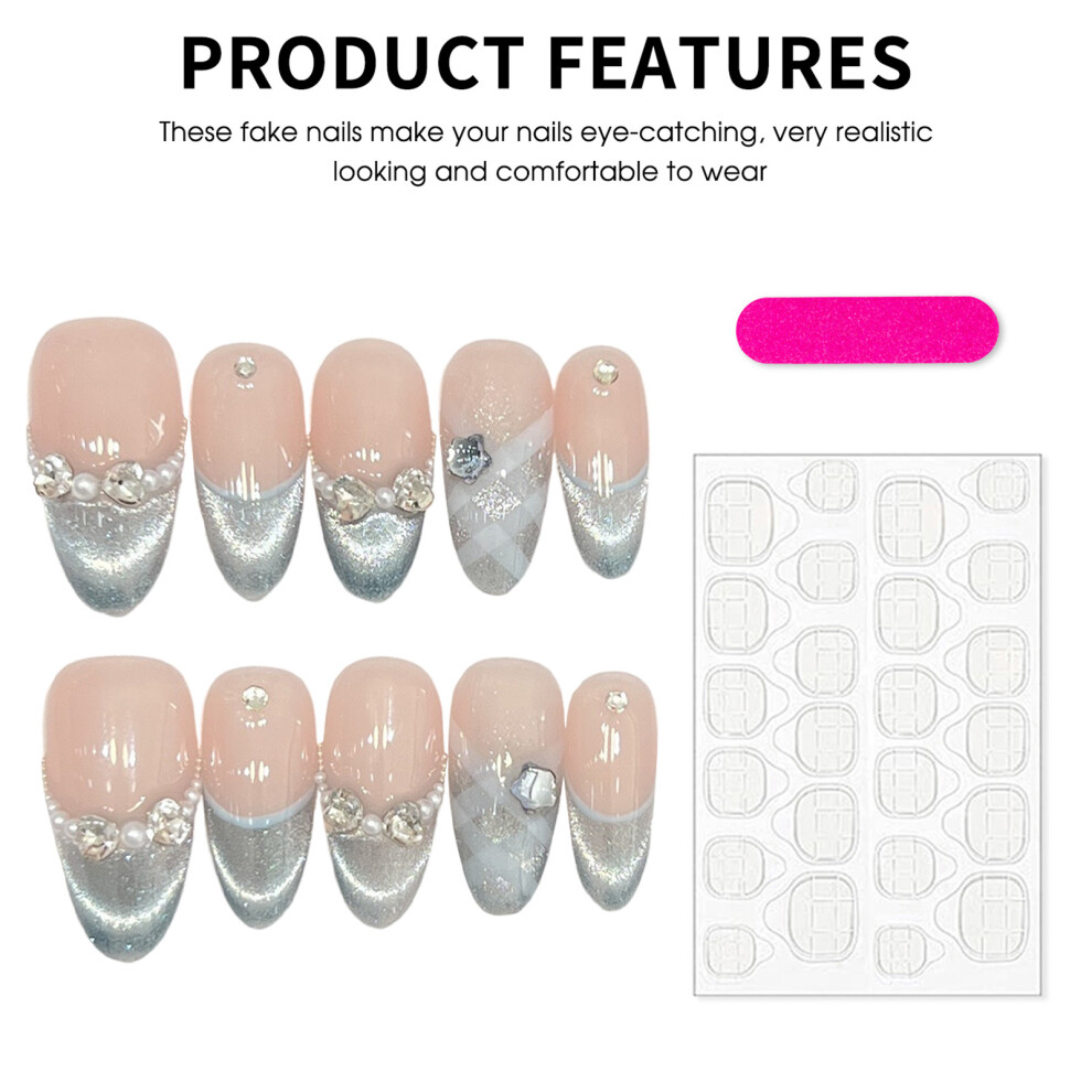 Penghui-Toys (M) Nude Fake Nails With Blue Cat Eyes Tip With Not Easy Break Or Split Design For Daily And Parties Wearing