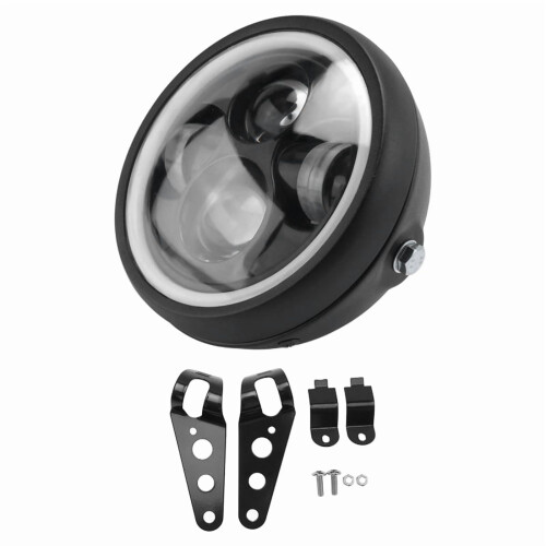 Farol de LED de 6,5 polegadas para motocicleta, com função HiLo e DRL, ideal para motos Cafe Racer. Inclui 1 farol (lâmpadas inclusas) e 2 1
