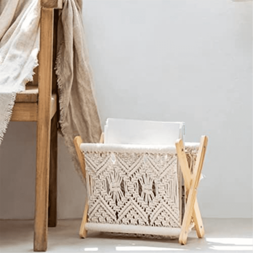 Ράφι περιοδικών boho, καλάθια εφημερίδων υφασμένα από σχοινί με σχέδιο υφάσματος, 1