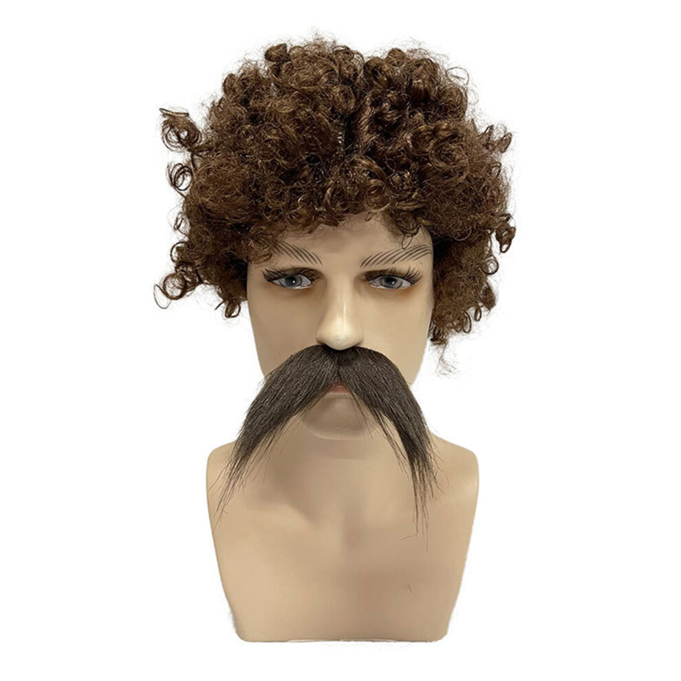 (30cm, Brown) Men's Brown Pirate Wig with Mustache Curl Wig and Beard Set Halloween Wig for Adults Cosplay Party Costume Accessories