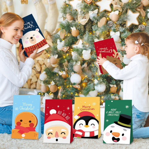 Pacote com 12 Sacolas de Presente de Natal – Papel com Fundo Plano, Papai Noel e 2