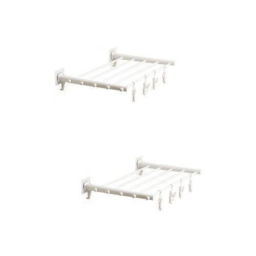 2Pcs White Plastic Folding Clothes Drying Rack Extendable Wall-Mounted