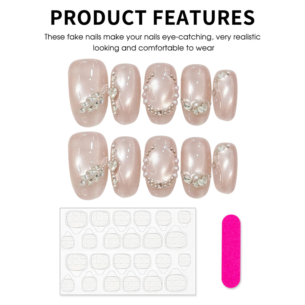 Roc-Electron (L) Rhinestone Pink Cat Eye Press-On Nails - Reusable