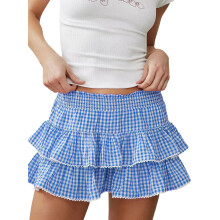 (XL, Blue) Womens Tiered Ruffled Short Skirts Plaid Print Smocked Waist Lacy Trim Cute Mini Skirts