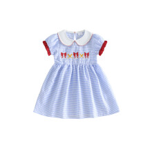 (5-6 Years, Sky Blue) Little Toddler Girl Summer Dress A Line Baseball Embroidered Striped Doll Collar Short Sleeve Dress