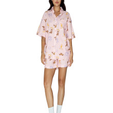 (L, Pink) Women 2 Piece Pajamas Set Boot Print Button up Short Sleeve Shirt and Elastic Shorts for Loungewear Soft Sleepwear