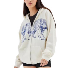 (L, Beige) Women's Zip Up Hoodies Popular Tiger Print Long Sleeve Loose Sweatshirts Jackets Streetwear Tops