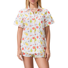 (M, White) Women 2 Piece Pajamas Set Fruit/Flower Print Button T-Shirt and Elastic Waist Shorts for Loungewear Soft Sleepwear