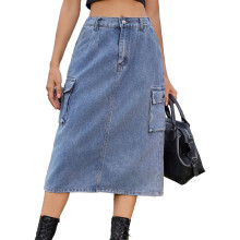Gonna in jeans elasticizzata da donna, vita alta, stile vintage, lunghezza midi, spacco centrale sul retro, silhouette a trapezio, ideale per comfort