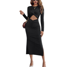 Rochie Midi bodycon pentru femei, mânecă lungă, design scobit, decupaj lateral, guler rotund, cu nervuri, tricotată, Slim Fit, elegantă și