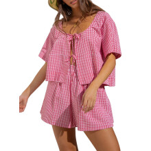 (L, Red) Women 2 Piece Outfits Plaid Print Tie Front Short Sleeve T-Shirt and Elastic Shorts Club Streetwear Fashion Clothes