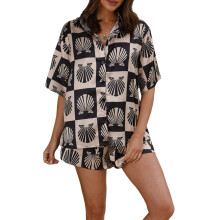 (S, Black) Women's Casual 2 Piece Outfits Half Sleeve Seashell Print Button Down Shirt + Shorts Set Vacation Clothes