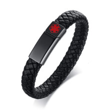 (COPD, Black Gun Plated) Medical Alert ID Bracelets Stainless Steel Engravable DIABETES ALLERGY SOS Women Men Braided Leather Bracelet