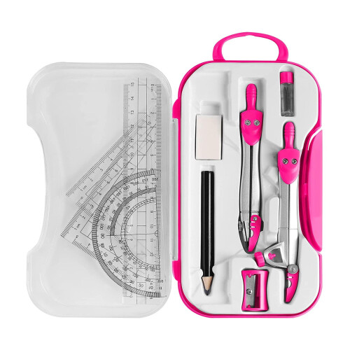 Math Geometry Kit Protractor Compass Set Ruler Pencil Sharpener Eraser Schooling Pink 1