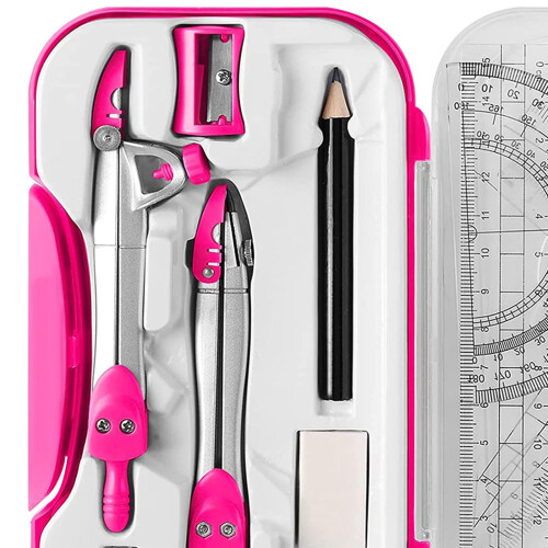 Math Geometry Kit Protractor Compass Set Ruler Pencil Sharpener Eraser Schooling Pink 2