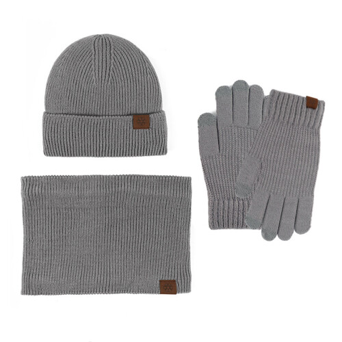 AWZXDE Winter Hat, Scarf & Gloves Set – Solid Grey, Lined, Touchscreen-Compatible, Thick Knit, Warm & Comfortable 1