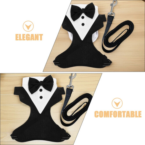 1 σετ μαύρη ζώνη κατοικίδιων Tuxedo με παπιγιόν και λουρί για γάμο και περπάτημα σε 2
