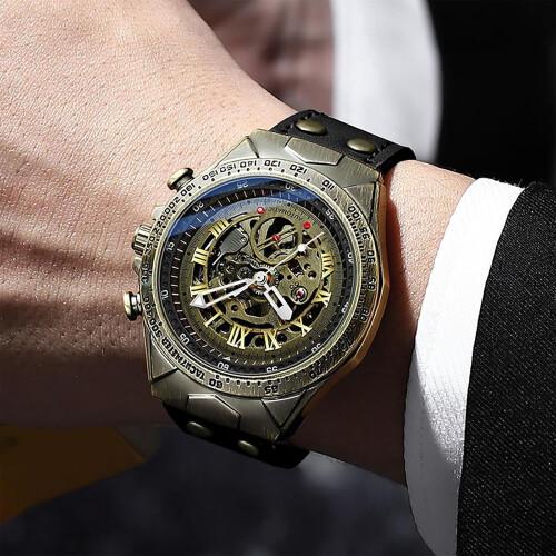 Men's Automatic Watch Skeleton Dial Roman Numerals Leather 1