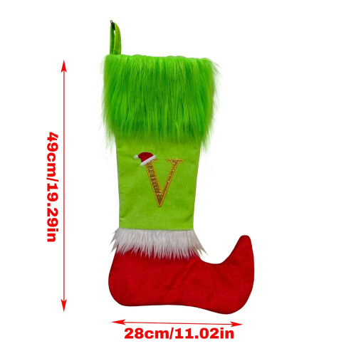 Meia de Natal personalizada verde e vermelha com 'A' dourado 1