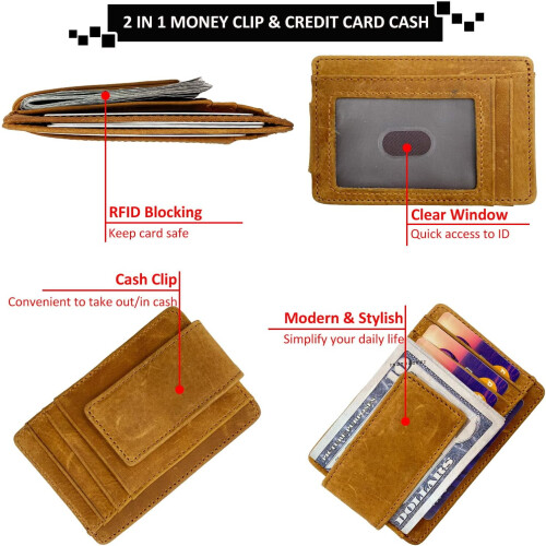 Clip RFID Front Pocket Wallet Men Leather Slim Minimalist Wallet 2