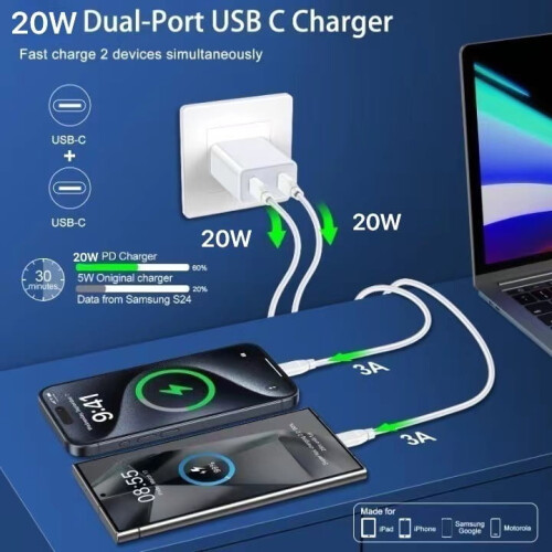Συμβατό με φορτιστή Samsung: Επιτοίχιο μπλοκ USB-C 20W2 θυρών + καλώδιο Type-C σε C 40W6FT για Galaxy 1