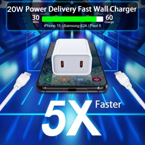 Συμβατό με φορτιστή Samsung: Επιτοίχιο μπλοκ USB-C 20W2 θυρών + καλώδιο Type-C σε C 40W6FT για Galaxy 2